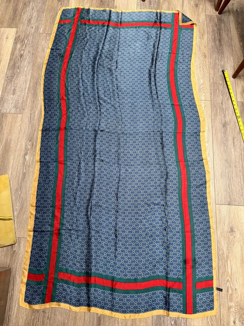 Silk Luxury Navy Patterned Large Scarf with Red & Green Stripes and Gold Trim